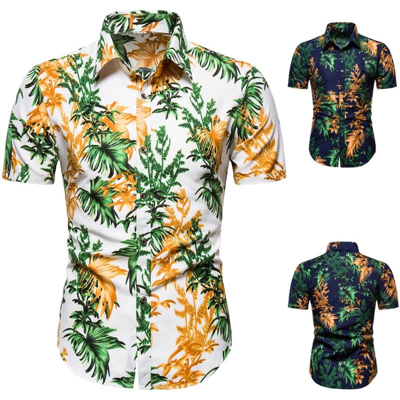 

KANCOOLD Shirt Men's Summer Fashion Leaves Printed Short-Sleeved cotton Button Slim Fit Beach Blouse mens shirts casual may29, Black