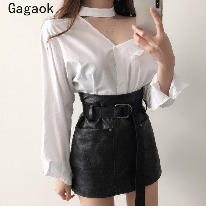 

Gagaok Women Office Lady Shirt 2020 Summer New Solid Skew Collar Long Sleeves Loose Casual Sexy Chic Wild Female Tops and Blouse, Blue