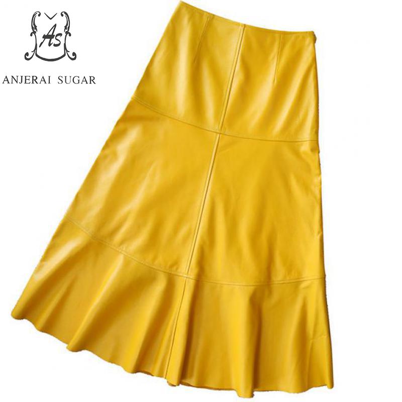 

Autumn winter Genuine leather skirts womens yellow High waist Splicing sheepskin dermis office A line Super Long Horn Skirt