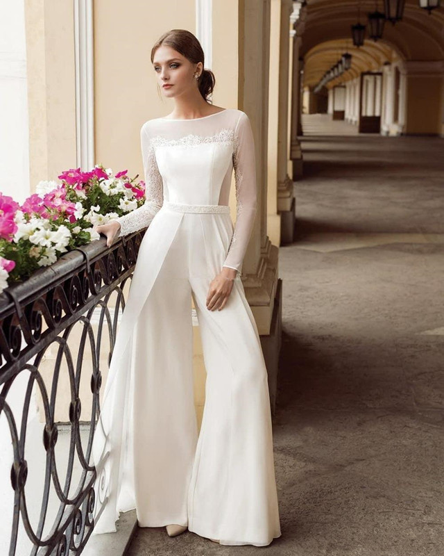 

Newest Long Sleeves Jumpsuit Wedding Dresses with Sash Lace Applique Bridal Party Gowns Vestidos De Festa, Ivory