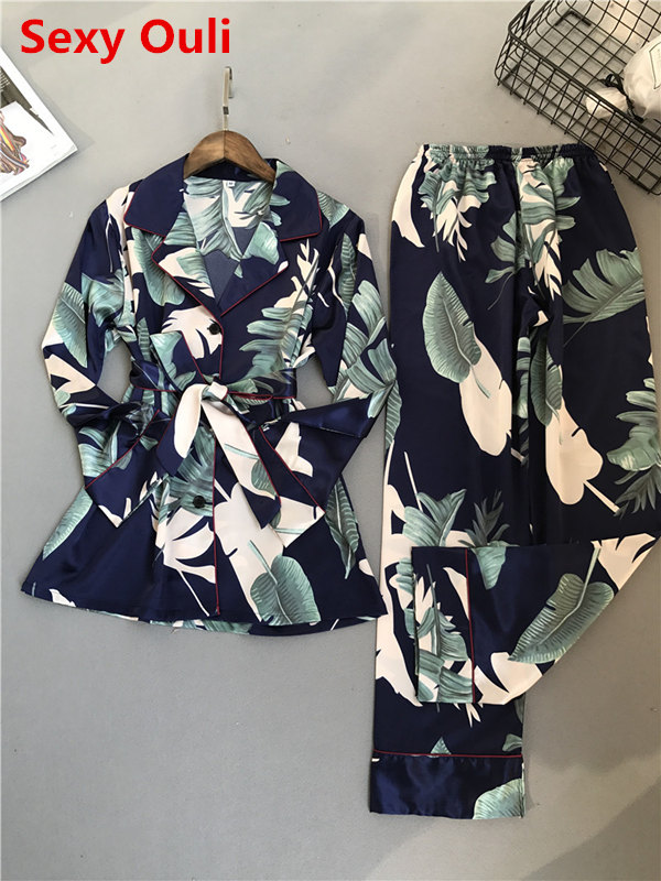 

Women Comfortable Silk Pajama Set Girl Print Pyjama Set Long Sleeve Sleepwear Suit Women Nightshirt Sets