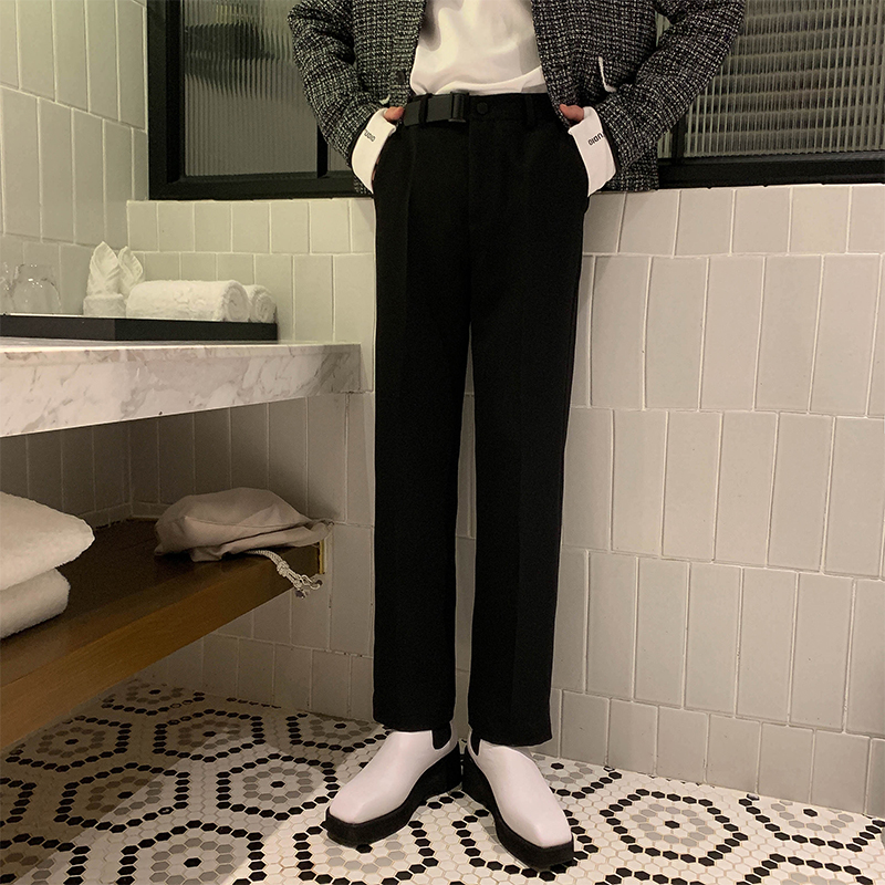 

Male Fashion Trouser Straight Suit Ankle-Length Pants Men Vintage Streetwear Japan Korea Style Leather Belt Casual Pant, Kk179