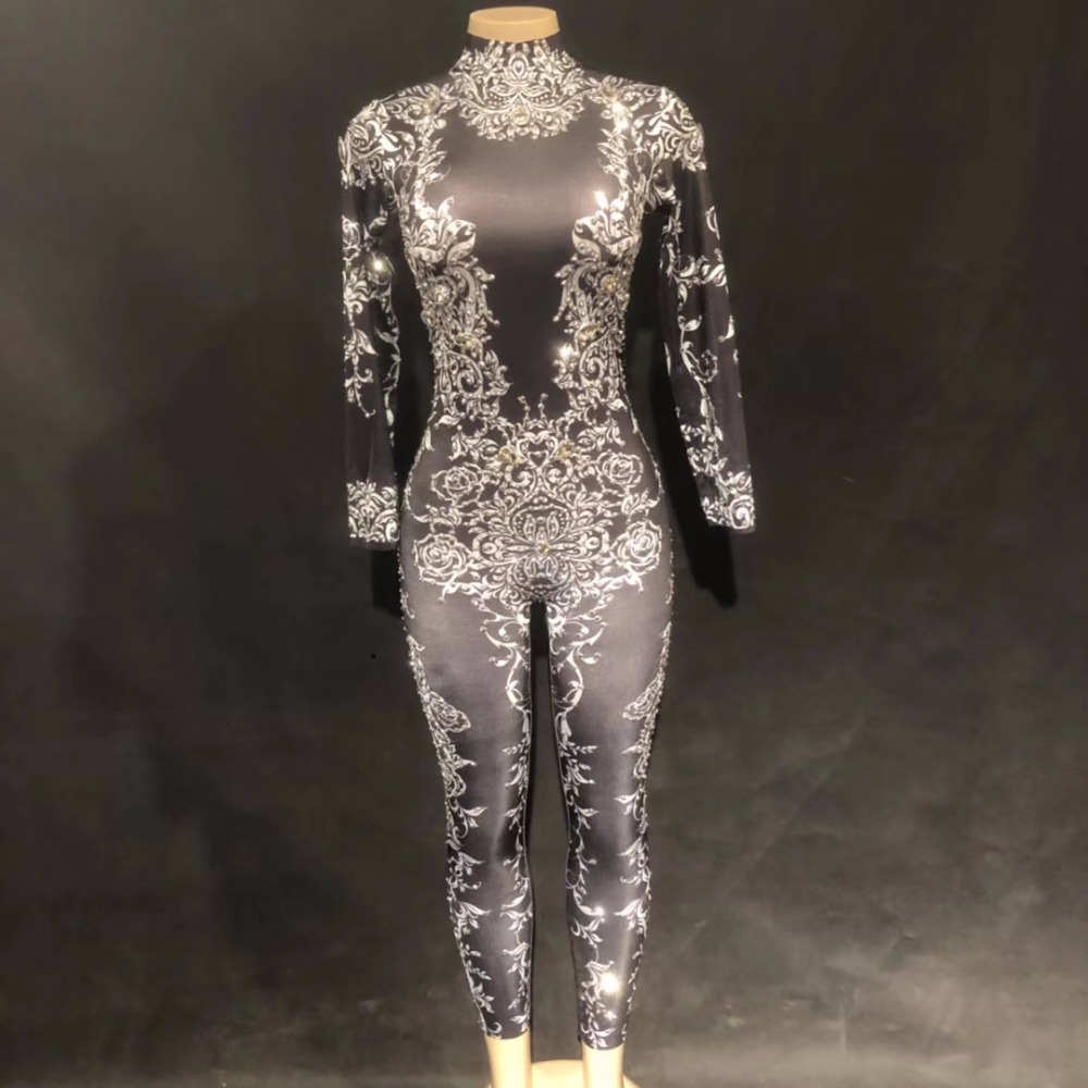 

Women' Jumpsuits & Rompers Gold Silver Rhinestones Jumpsuit Long Sleeves Stretch Sexy Bodysuit Stage Performance Party Celebrate Nightlcub