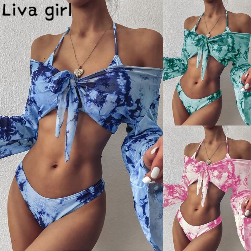 

Liva girl Sexy Long Sleeve Bikini Push Up Padded Swimsuit Halter Bandeau Summer Monokini Cove Up Bathing Suit Brazilian Biquini