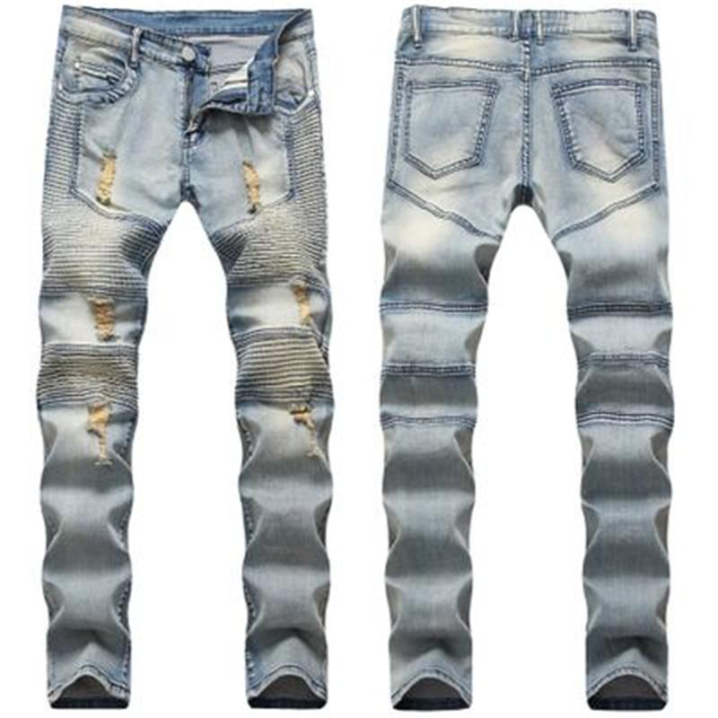 

Man Fold Ripped Jeans Fashion Spring Hot Sell New Blue Holes Elastic Slim Street Denim Trousers Clothing Casual Long Pencil Male Pants