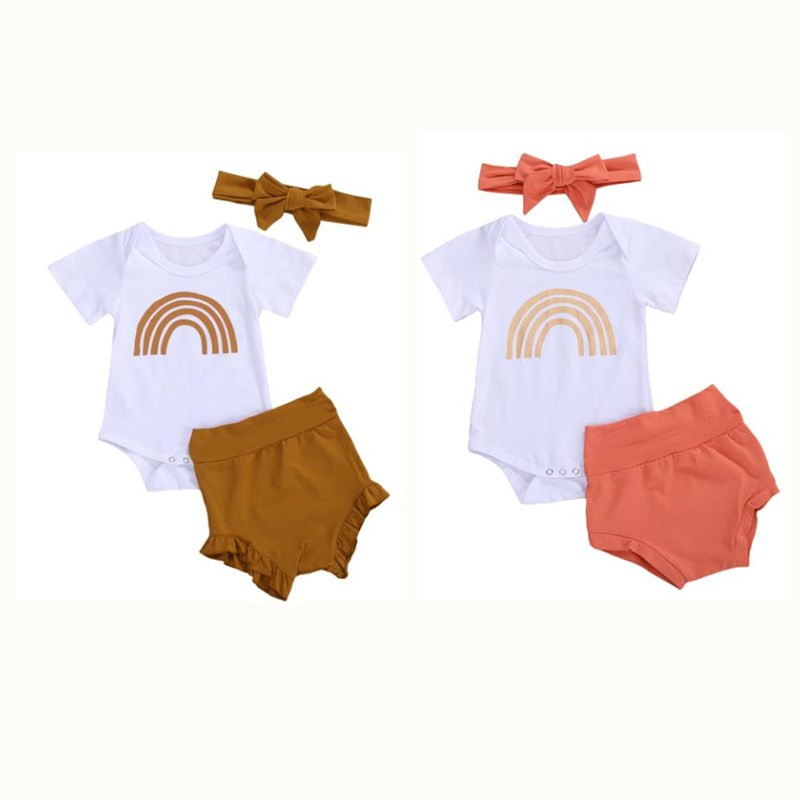 

Baby Boy Summer Clothing Newborn Baby Girl Clothes Short Sleeve Rainbow Romper Tops+Ruffle High Waist Shorts Headband Outfits, A1