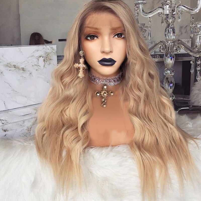 

Glueless Synthetic Lace Front Wigs For Black Women 24Inch Long Curly Wave Ombre Blond Hair High Temperature Wigs with Baby Hair, As pictures