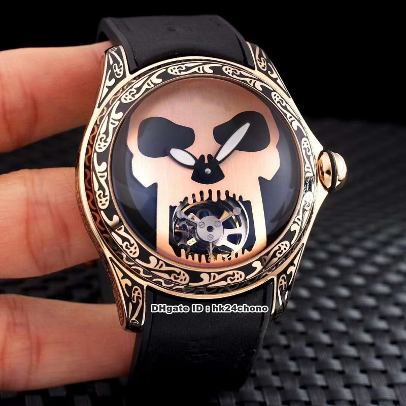 2 Style Best Bubble Tourbillon Cassa intagliata in oro rosa Orologio da uomo automatico in acciaio L016 / 03268 Quadrante con quadrante a teschio