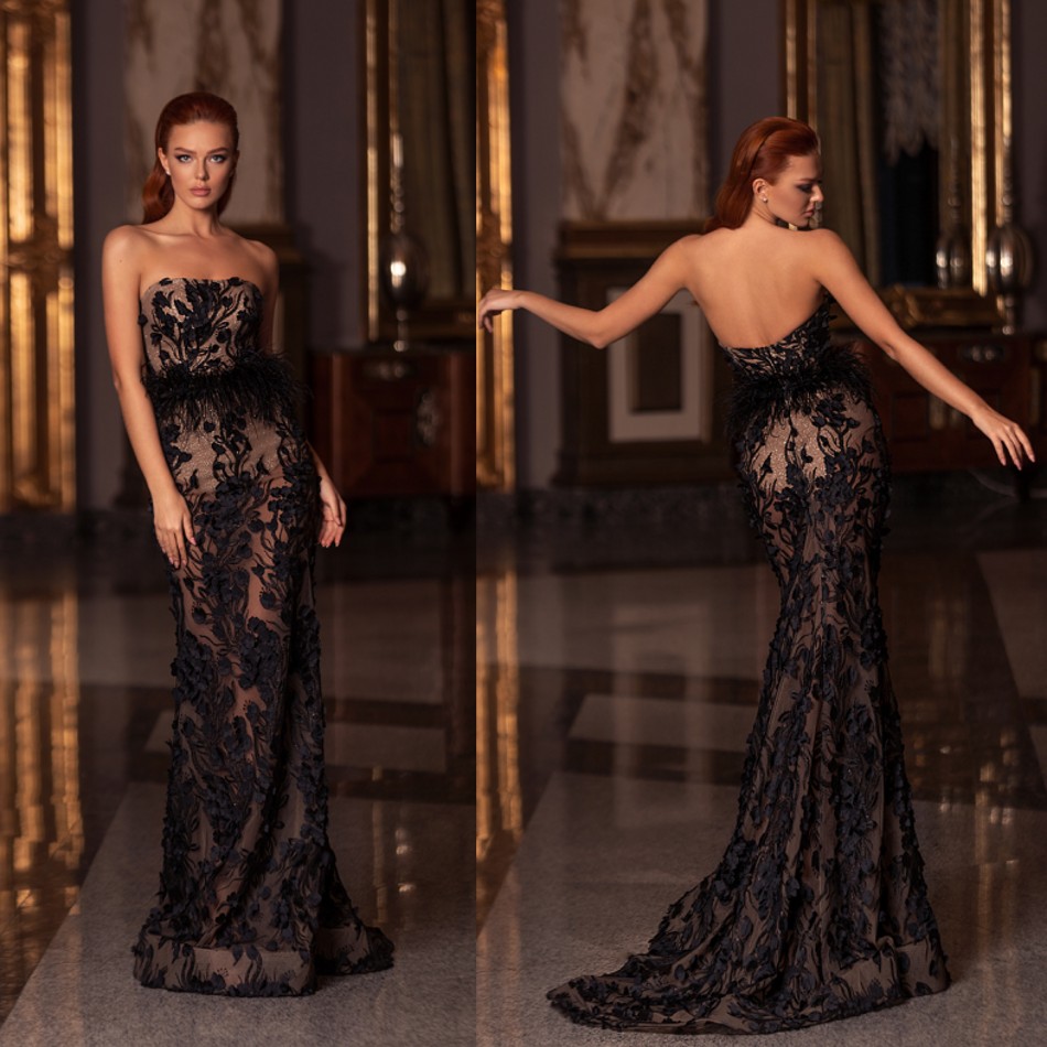 

Sexy Backless Mermaid Prom Dresses Strapless Illusion Bodice Appliques Tulle Party Gowns Sweep Train Prom Gowns, Gray