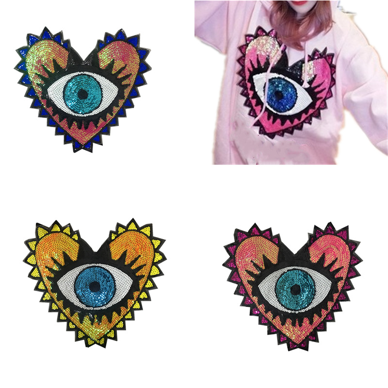 

Love Large Sequin Heart Evil Eyes Patch No Glue Cartoon Motif Applique Embroidery Garment Accessory