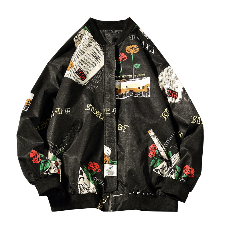 Hip Hop Mens Jackets and Coats Flower Harajuku Jacket Japanese Streetwear Zipper Stand Jacket Coat Autumn Winter