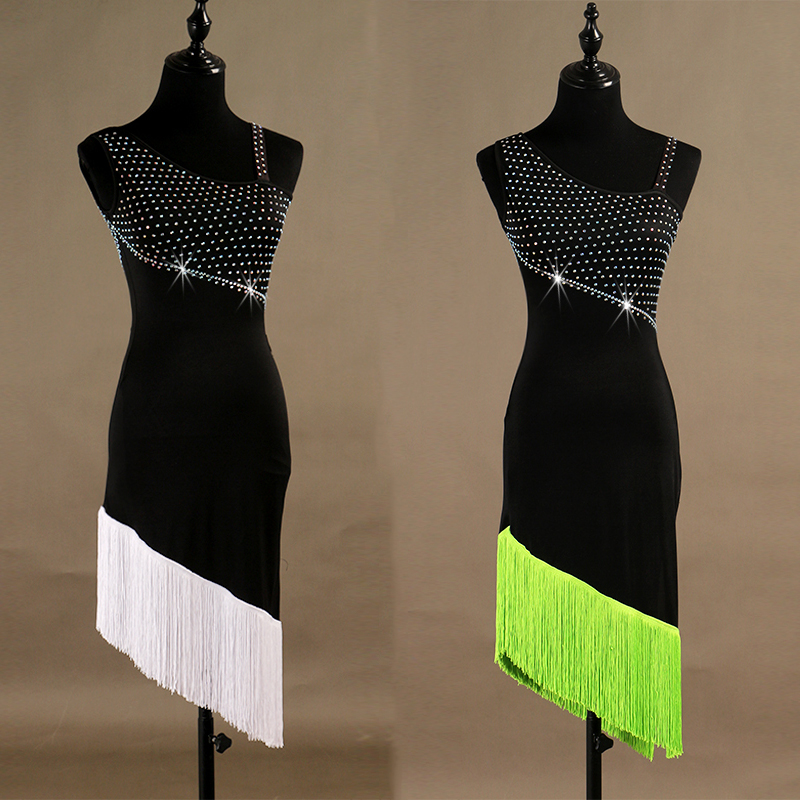 

Rhinestone Latin Dance Dress Tango Cha Cha Samba Rumba Salsa Flamengo Fringe Dresses For Women Ballroom Practice Wear DCC408, Green