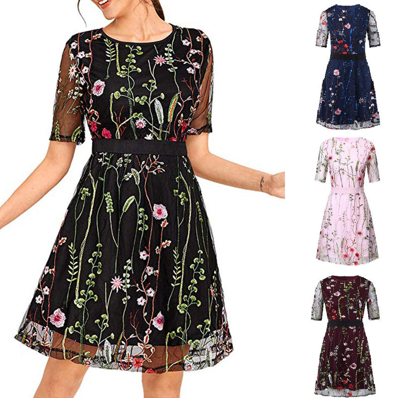 

Women Floral Embroidery Crew Neck Spring Perspective Mesh Midi-Sleeved Dresses, Black