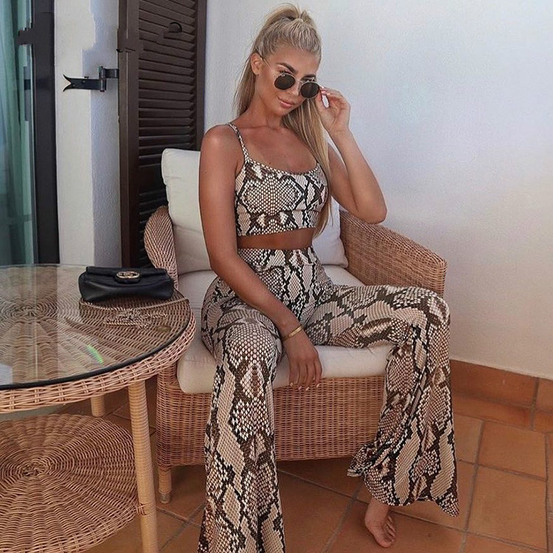 

Snake Print Sleeveless Crop Tank Top High Waist Flare Pants Bell Bottom Trousers 2019 Sexy Women Clothes 2 Pieces Set, Snakeskin