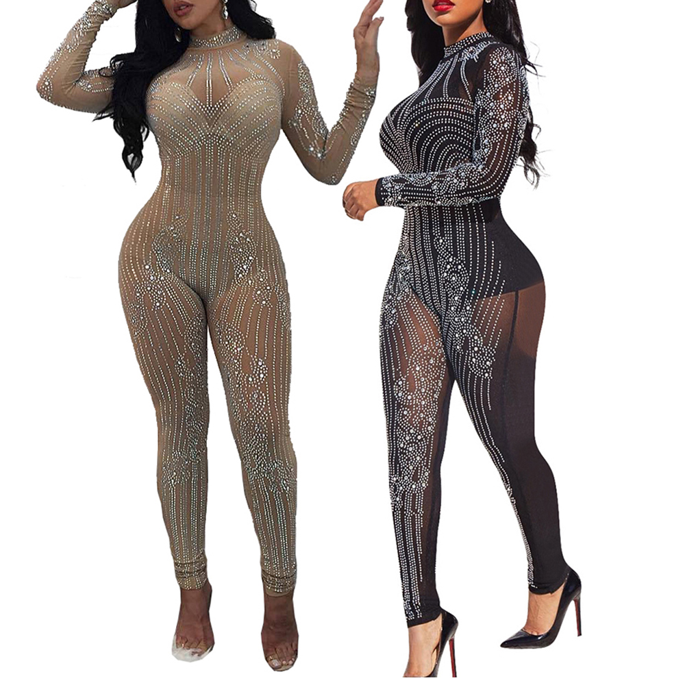 

Sexy Jumpsuits for Women See Through Bodycon Romper Transparent Net Playsuits 3 Choices F0237 Rhinestones Long Sleeve Glitter, Beige