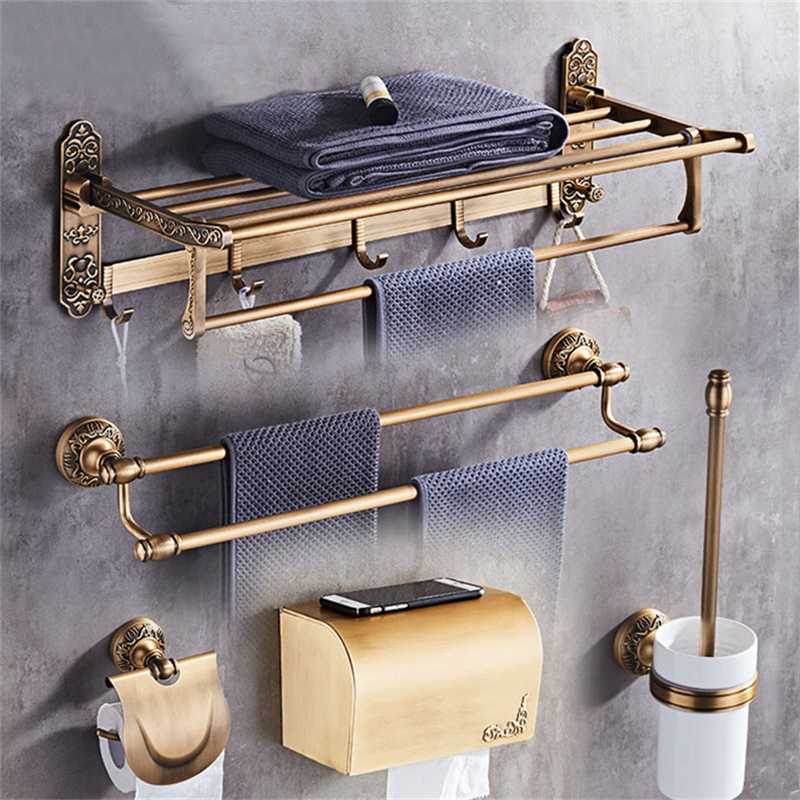 

Bathroom Accessories Set Antique Bronze Aluminum Carved Towel Rack Paper holder Toilet Brush Holder Robe Hooks Bath Hardware Set