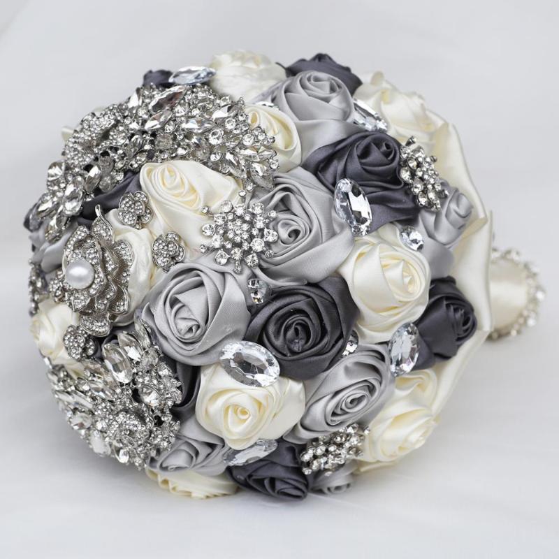 

20cm Handmade Wedding Elegant Bridal Bouquet Silver Diamonds Mariage Bouquets Bridesmaid Holding Ivory Stain Rose Flowers W375, Silver gray ivory