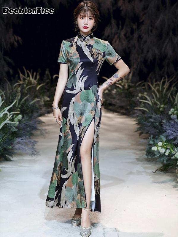 

2020 women's silk qipao oriental dresses printing elastic qipao cheongsam ancient traditional chinese dress cheongsam dress