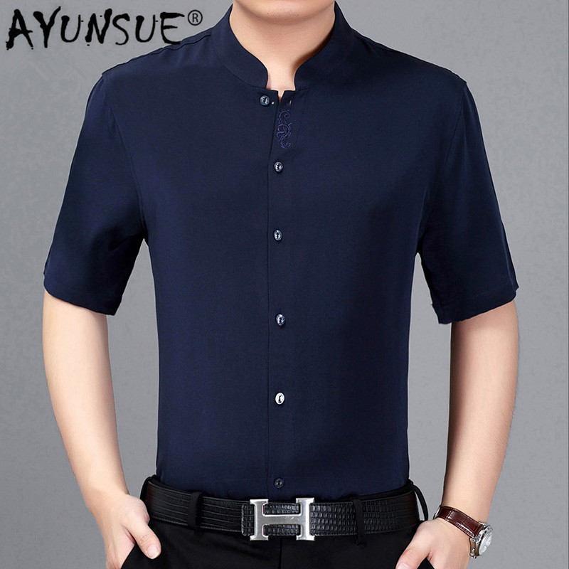 

AYUNSUE 100% Mulberry Silk Shirt Men Summer Clothes Plus Size Short Sleeve Shirt White Embroidery Chemise Homme 2020 3918 KJ4559