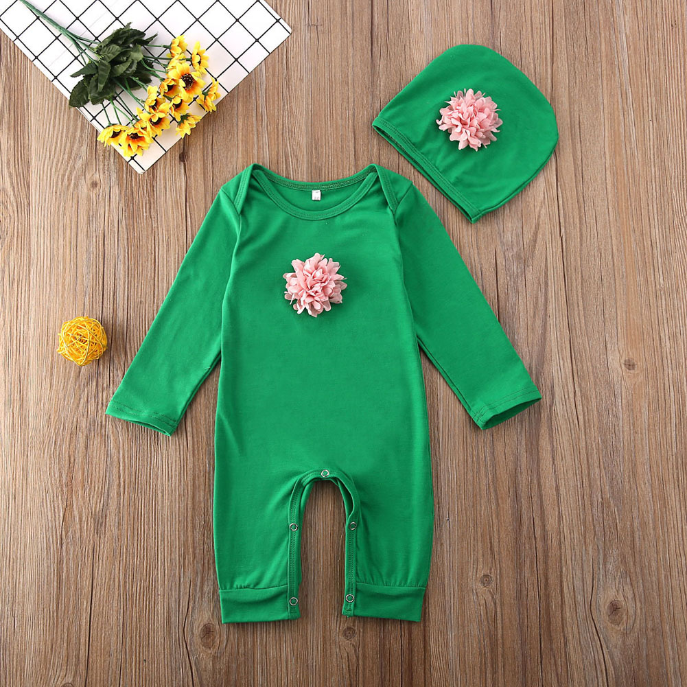 

Toddler Kid Boy Girl Infant Rompers Autumn Winter Warm 2pcs Flower Long Sleeve Romper Hat Adorable 3-18Months, Grass green
