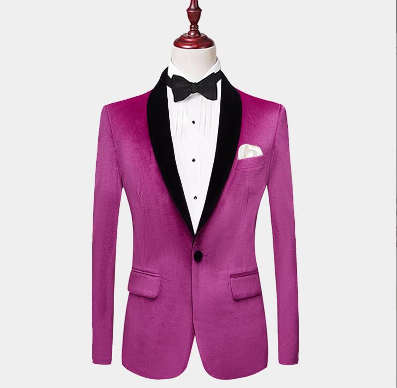 

Magenta Pink Velvet Tuxedo Jacket One Button Custom Made Slim Fit Wedding Tuxedos One Piece Coat Back Vent, Gray