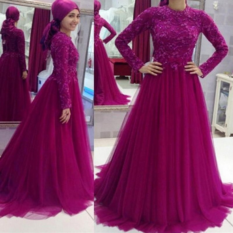 

2020 Arabic Muslim Fuchsia Evening Gowns Jewel Neck A Line Lace Applique Tulle Floor Lenght Prom Party Gowns Custom Made, Yellow