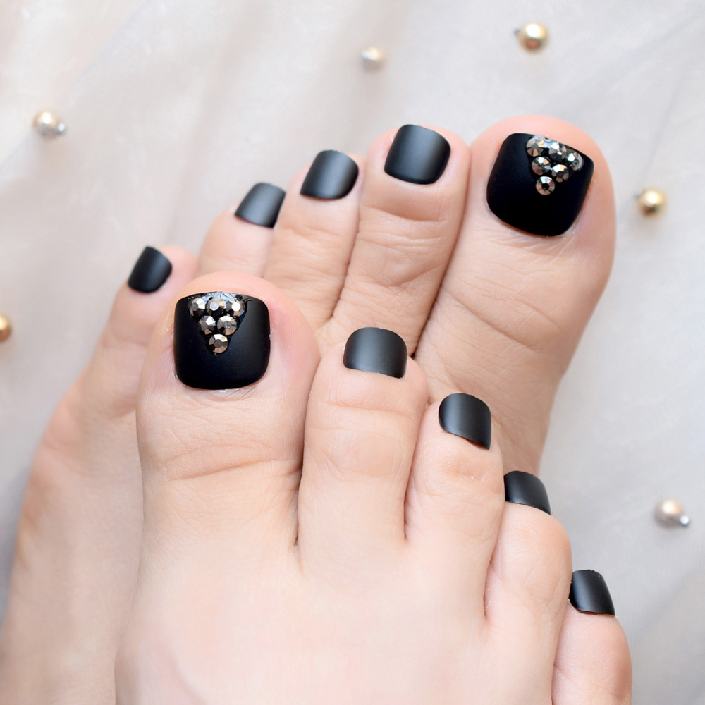 

Matte Black French Fake False Toenails Frosted Press on Sticker 3D Punk Rhinstones Handmade Toe Nails Tips Foot Wear Nail Tip