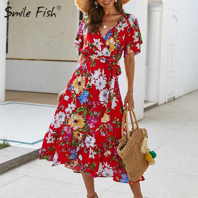 

Bohemian Summer Beach Floral Printed Deep V-Neck Midi Calf Dress Women Holiday Dress Elegant Lady A-Line Long Dresses G1411, G1412 light green