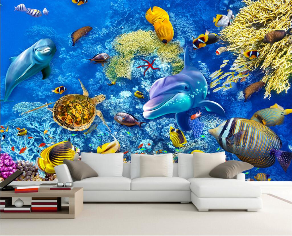 

WDBH 3d wallpaper custom photo Sea World Dolphin Fish Turtle Children's Room background Home decor 3d wall murals wallpaper for walls 3 d, Non-woven