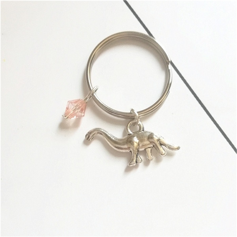 

Dinosaur Charm Keychain with Birthstone Antique Silver Color Dinosaur Keychain Keyring Pendant
