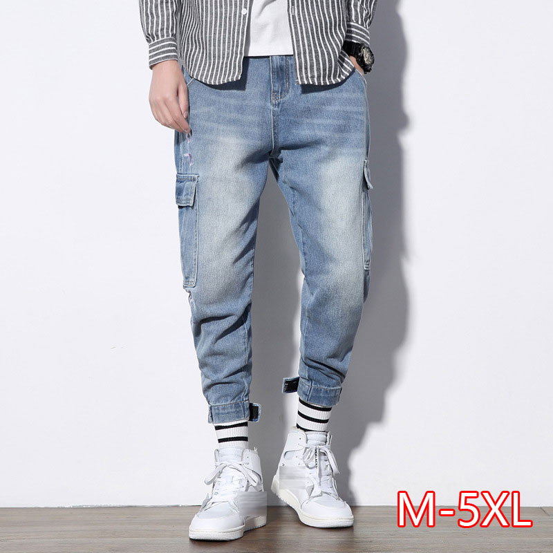 

Japanese Style Fashion Men Jeans Vintage Designer Loose Fit Multi Pockets Denim Cargo Pants Streetwear Hip Hop Harem Jeans Male, Blue