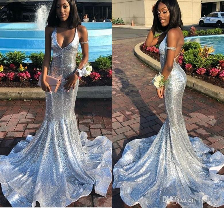 

Sparkly Sliver Black Girls Sequined Prom Dresses 2019 New Sleeveless Open Back Sweep Strain Sleeveless Formal Mermaid Evening Gowns, Hunter green