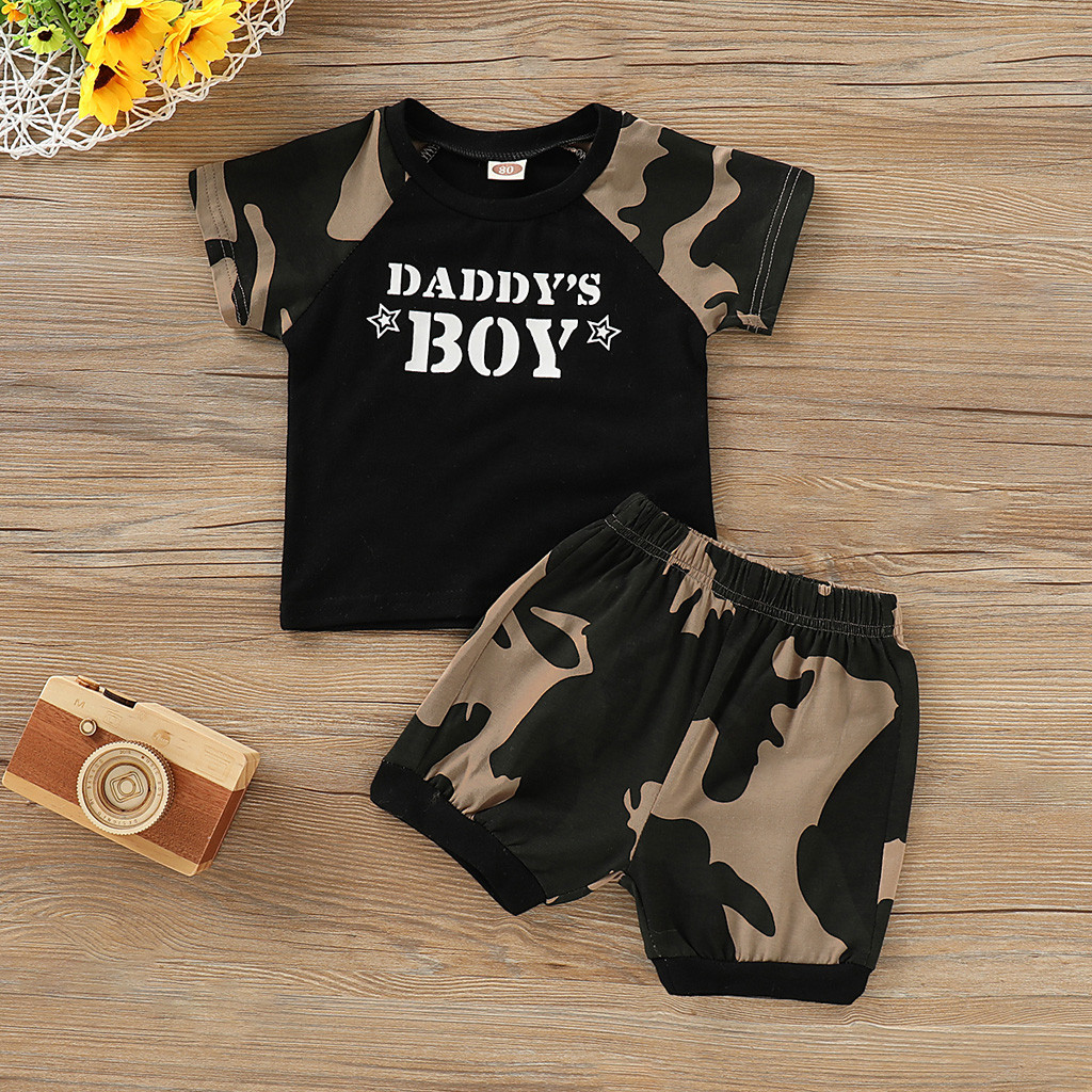 

2Pcs Toddler Summer 2020 Kid Boys Clothes Fashion Letter Print T-shirt+Camouflage Shorts Boys Outfits Kids Clothing For Boys Set, Customize
