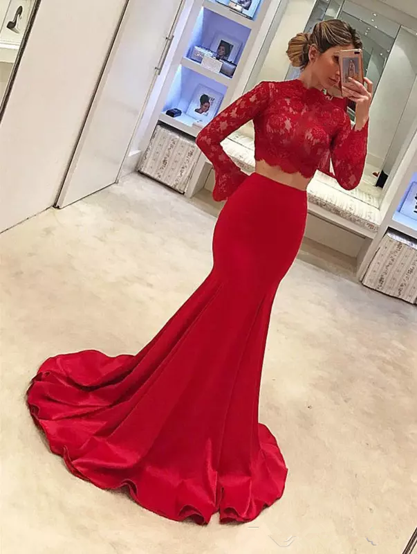

Jewel Lace Appliques Slim Mermaid Prom Dresses Two Piece Red Formal 2019 Custom Party Gowns Evening Vestidos De Soiree Plus Size Special, Dark green