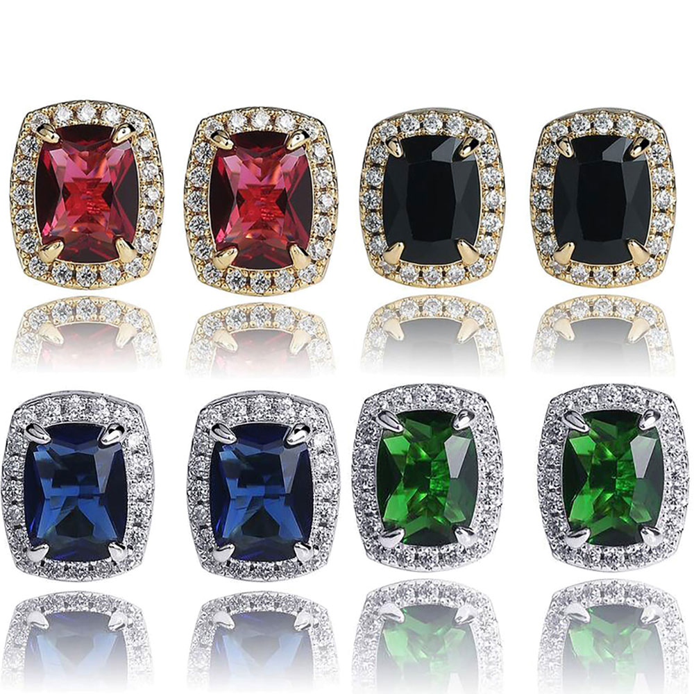 

18K Gold Gem Stone Red Blue Green Black Lab Ruby Earrings Copper Micro Pave Bling Bling Earrings Hip hop Jewelry