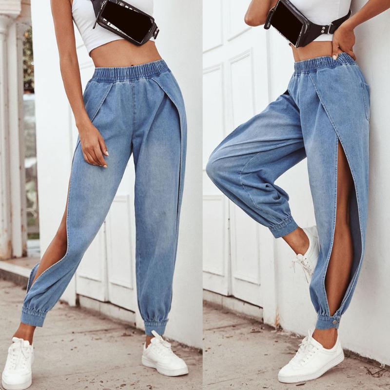 Mode jean femmes décontracté ample dames taille haute Denim jambes fendues Denim pantalons de sport coréen Streetwear jean mujer L42