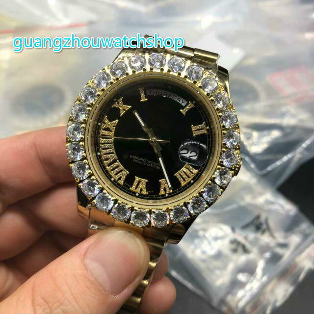 

43MM prong set diamond watches Stabilized automatic movement big Diamond case gold Stainless steel strap black and gold dial mens watches