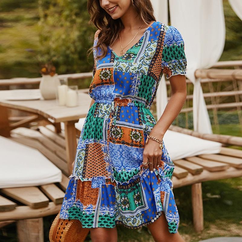 

Womens Dress Retro Print Mini Dress Ladies Sexy V-Neck Summer Bohemian Beach Swing Slim Vestido Feminino Robe Femme 2020, Blue
