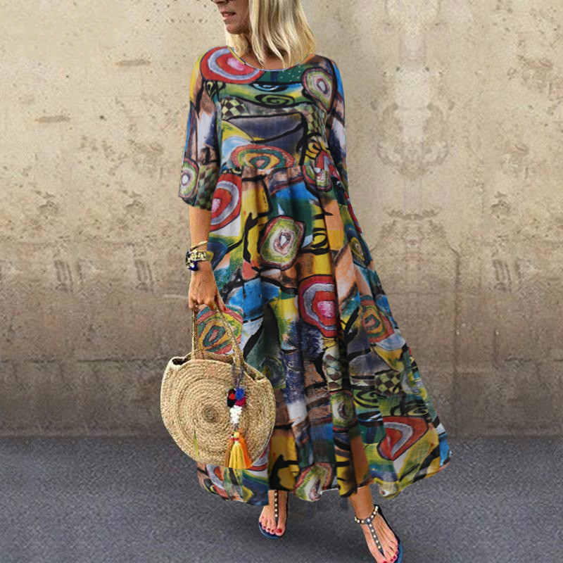 

Februaryfrost Women Bohemian Sleeveless Floral Printed Dress Vintage Summer Dress Robe Kaftan Beach Sundress Plus Size, Red