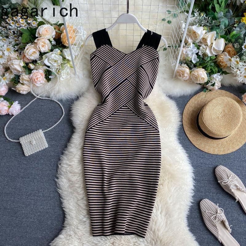 

Gagarich Women Knitted Dress Ins Design Striped Bandage Elastic Waist Sexy Dresses Robe Bodycon Vestido Female 2020 New Tide, Black