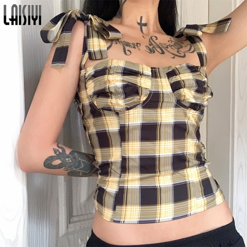 

LAISIYI 2020 Plaid Patchwork Bow Bandage Sexy Short Tops Summer Women Fashion Streetwear Camis Outfits Female Clothing Tank Tops, Yellow