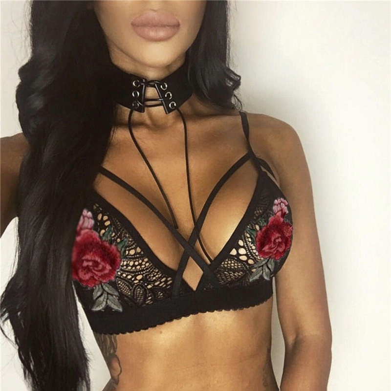 

Female Sexy Flowers Lace Cross Strapless Bra Women Lingerie Strappy Deep V Push Up Bras Wirefree Bralette, Black