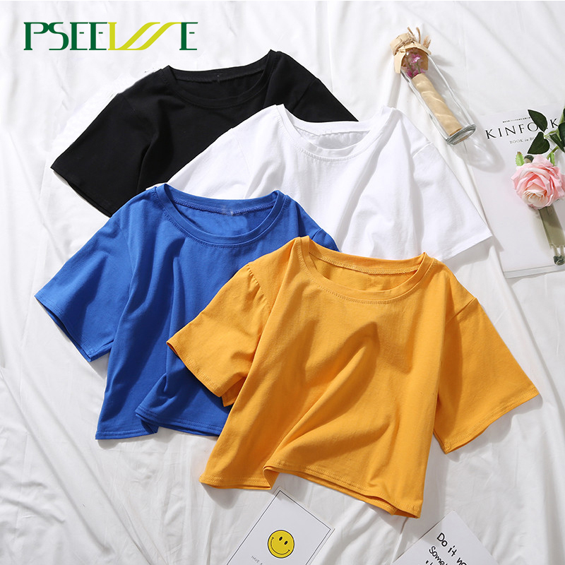 

10 colors Summer O Neck Sexy Crop Top Ladies Short Sleeve T Shirt Tee Black White Short T-shirt Basic Stretch T-shirts Lumbar