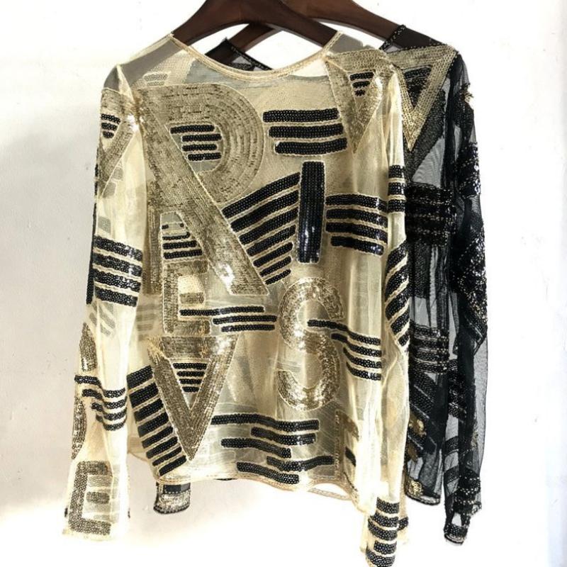 

Striped Sequined Blouse Letter Beading Shirt Women Fashion Long Sleeve Perspective Mesh Lace Tops, Black