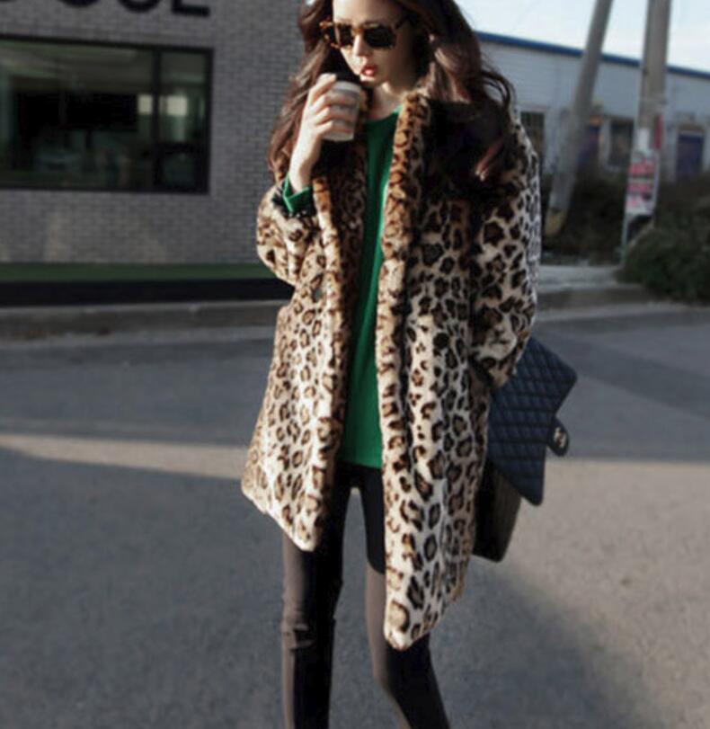 

2XL Korean version imitation fur coat female long section lapels warm Slim sexy leopard imitation fur jacket luxurious outwear, As photo