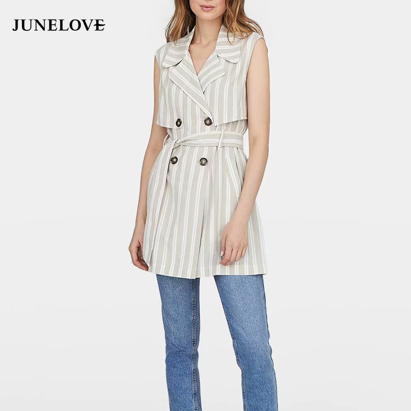 

JuneLove 2019 Spring Vintage Striped Blazer Women Casual Sleeveless Pocket Coat Waistcoat Female Double Breasted Vest Outwear, As picture