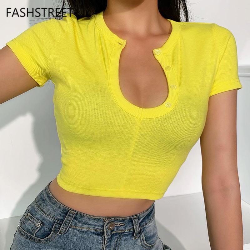 

FASHSTREET Sexy Yellow Hollow Out Slim Stretch Cropped Top 2020 Summer Women Short Sleeve Button T Shirt Party Streetwear Tees