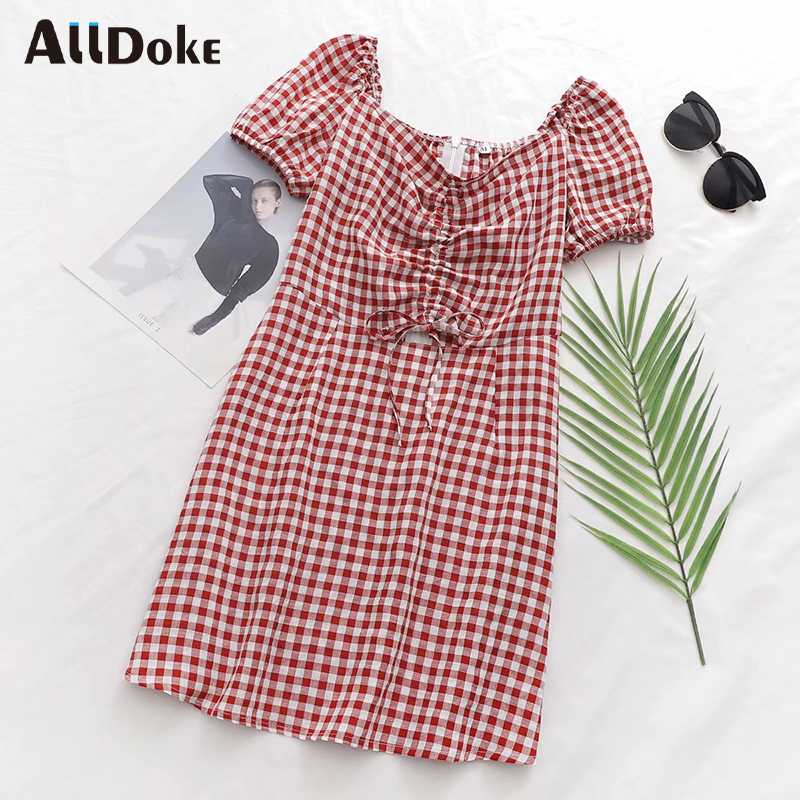

ALLDOKE red plaid hollow out A line dress women summer square collar puff sleeve high waist lace up short ladies dresses vestido