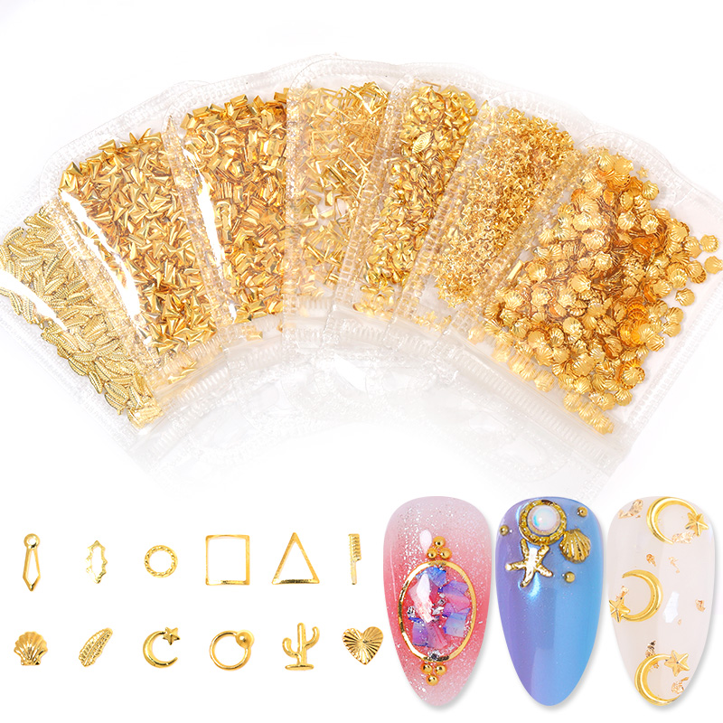 

1 Bag Gold Silver Nail Studs Acrylic Star Moon Heart Hollow 3D Nail Accessories DIY Art Gems 3D Decorations