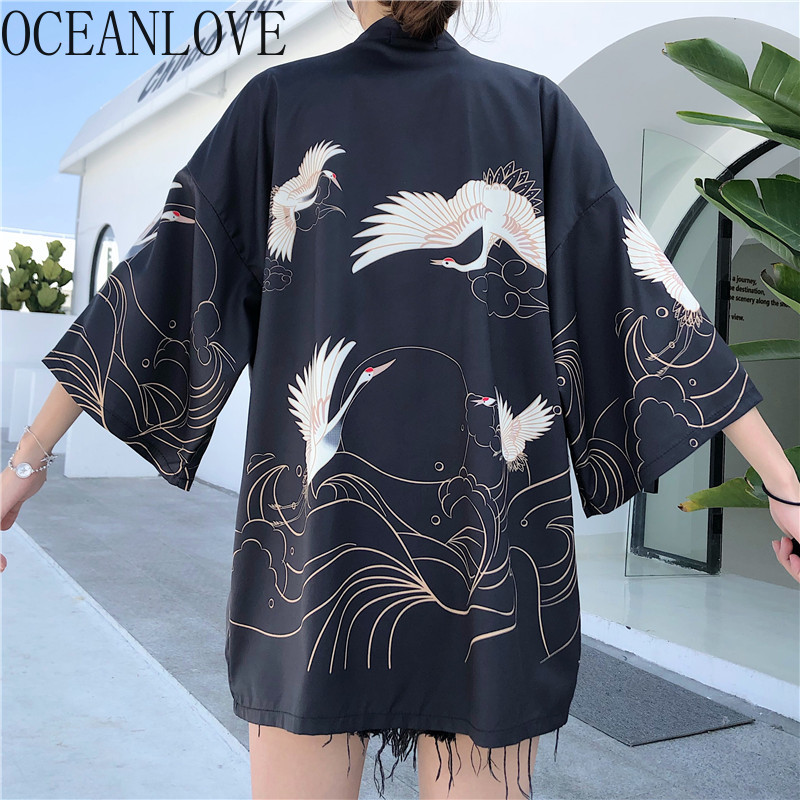

OCEANLOVE Harajuku Kimonos Print Summer Sunscreen Blouses Women Yukata Vintage Japan Style Blusas Retro 2020 Shirts 15941, Black